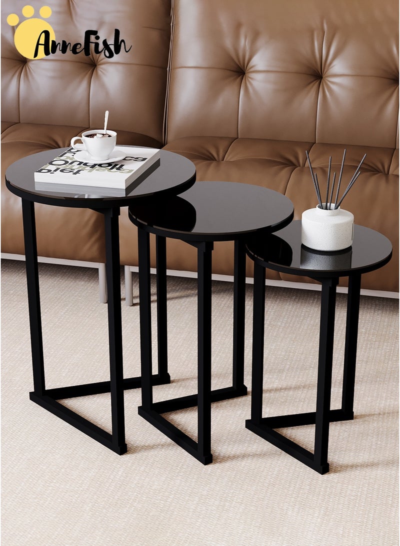AnneFish 3Pcs Tempered Glass Coffee Table Coffee Service Table Set Round Sofa Side Nesting Table End Table For Home Living Room Bedroom Small Coffee Table Couch Table Metal Frame Easy Assembly - Image 4